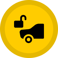icon1 Yellow circle with black car silhouette and unlocked padlock icon, suggesting car security or access.