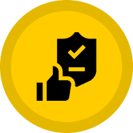 icon2 Yellow badge with a black shield and checkmark along with a thumbs-up symbol.
